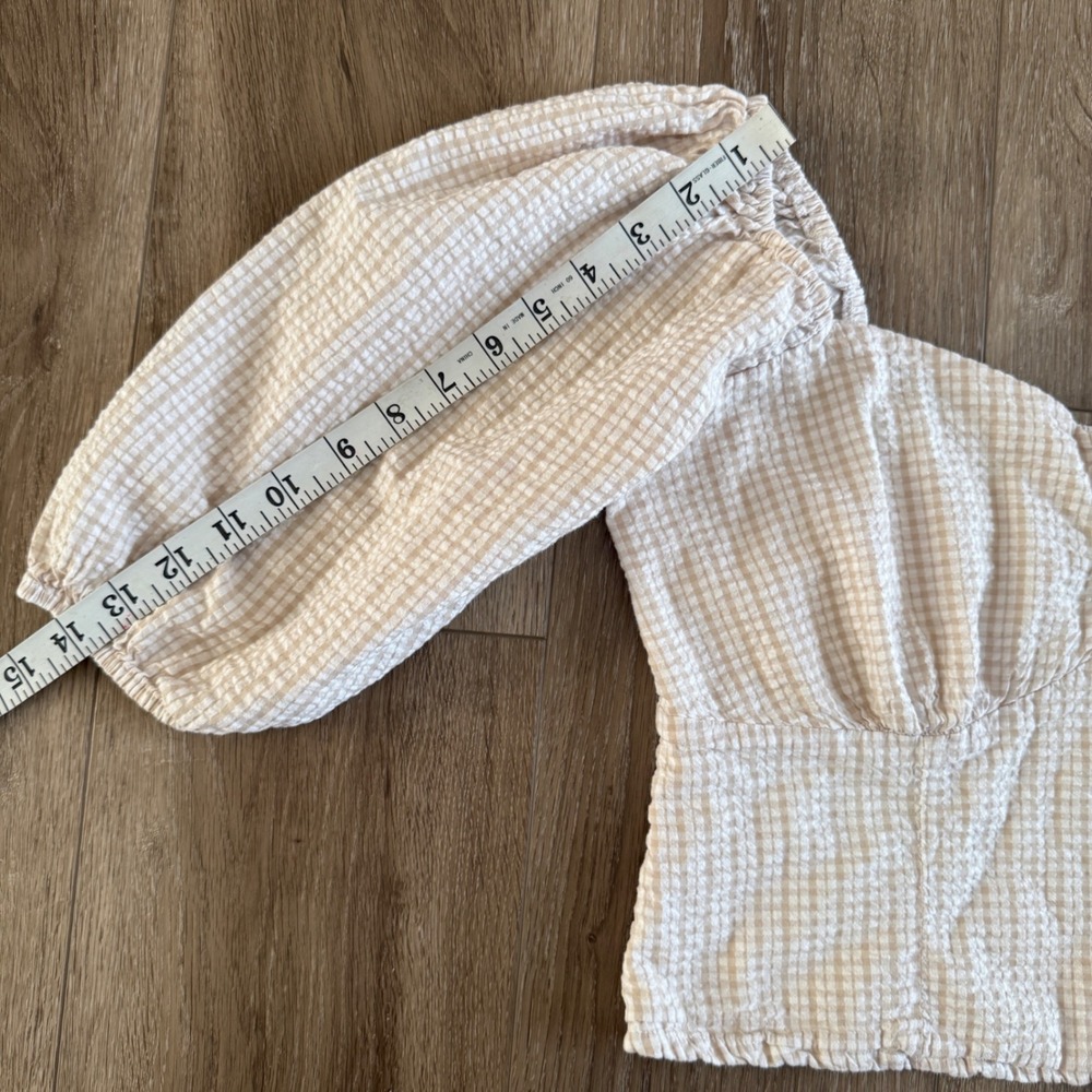 Abercrombie & Fitch Gingham Puff Sleeve Crop Top Tan White Seersucker L - Picture 7 of 7